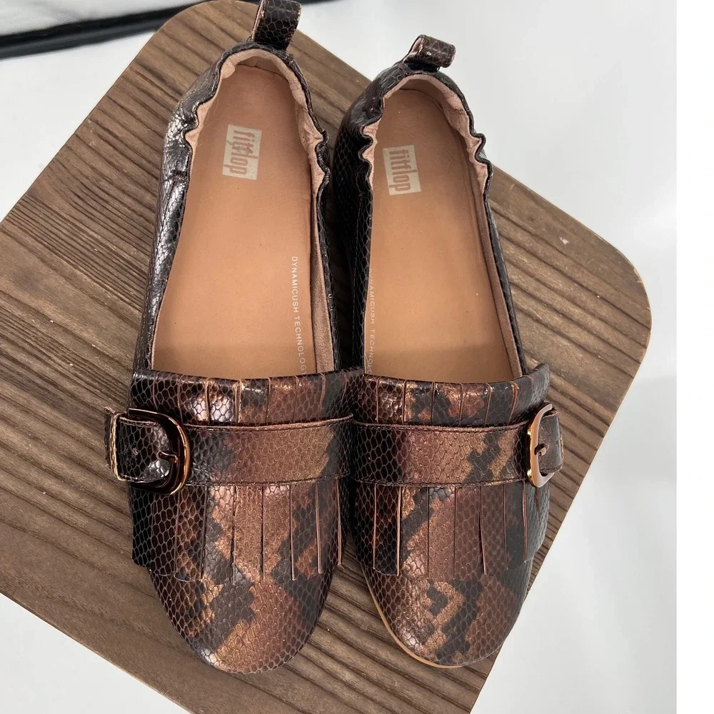 FitFlop Allegro Bronze Snakeskin Metallic Leather Buckle Kiltie Loafers Womens 9